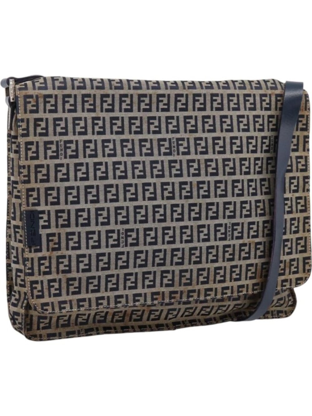FENDI Zucchino Canvas Shoulder Bag Navy Silver